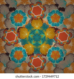 Seamless pattern in Victorian style. Luxury frames and ornate decor. Vector blue, beige and orange elements for vignettes and borders or design template.