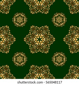 Seamless pattern in Victorian style on a green background. Luxury floral frames and ornate decor. Vector golden elements for vignettes and borders or design template.