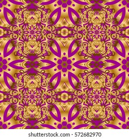 Seamless pattern in Victorian style on a purple background. Luxury floral frames and ornate decor. Vector golden elements for vignettes and borders or design template.