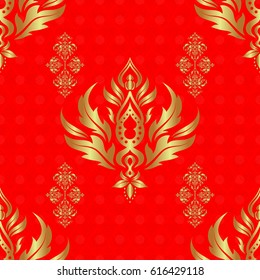 Seamless pattern in Victorian style on a red background. Luxury floral frames and ornate decor. Vector golden elements for vignettes and borders or design template.