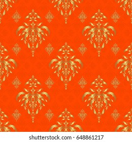 Seamless pattern in Victorian style on a orange background. Luxury floral frames and ornate decor. Vector golden elements for vignettes and borders or design template.