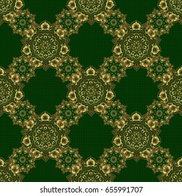 Seamless pattern in Victorian style on a green background. Luxury floral frames and ornate decor. Vector golden elements for vignettes and borders or design template.
