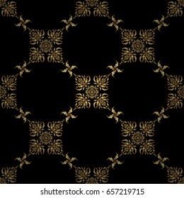 Seamless pattern in Victorian style on a black background. Luxury floral frames and ornate decor. Vector golden elements for vignettes and borders or design template.