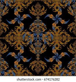 Seamless pattern in Victorian style on a black background. Luxury frames and ornate decor. Vector blue, brown and orange elements for vignettes and borders or design template.