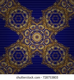 Seamless pattern in Victorian style on a blue background. Luxury floral frames and ornate decor. Vector golden elements for vignettes and borders or design template.