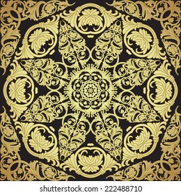 Seamless pattern in Victorian style. Vintage floral frame in black and gold colors. Template decor . Ornate  border in arabic motif. Vector illustration