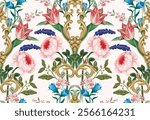 Seamless pattern with Victorian vintage flowers and baroque elements. Vector.