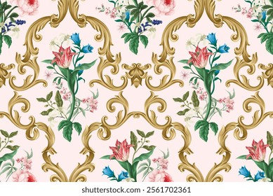 Seamless pattern with Victorian vintage flowers and baroque elements. Vector.