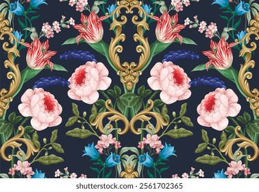 Seamless pattern with Victorian vintage flowers and baroque elements. Vector.