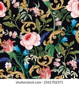 Seamless pattern with Victorian vintage flowers and baroque elements. Vector.