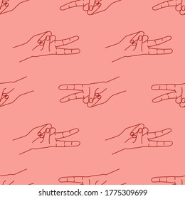 Seamless pattern with victory gesture. Silhouette red linear contour on a red background. Two fingers raised up. Designed for textile, wrapping paper, fabric print. Vector illustration.