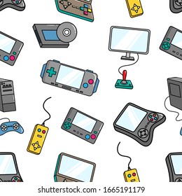 seamless pattern of video game controller with colored doodle style