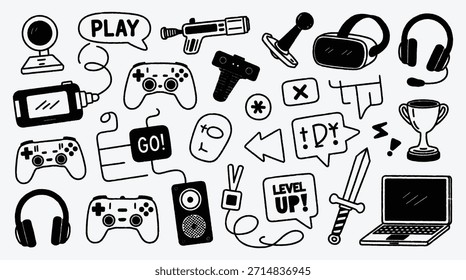 Seamless pattern with video game doodles showcasing gaming accessories and icons