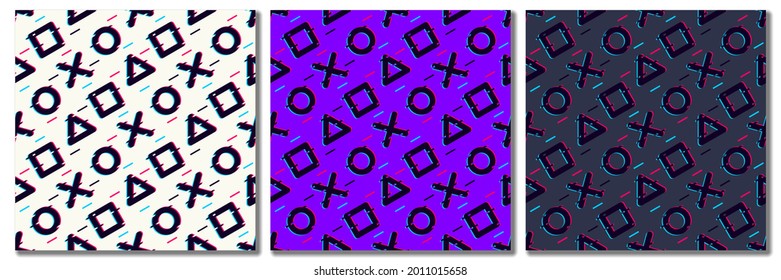 Seamless Pattern With Video Game Elements. Glitch Style. Vector Illustration.