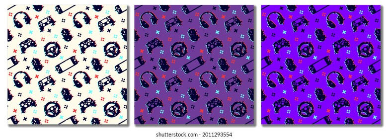 Seamless pattern with video game elements. Glitch style. Vector illustration.