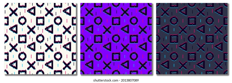 Seamless pattern with video game elements. Glitch style. Vector illustration.