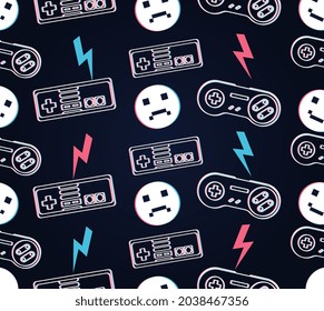 Seamless pattern with video game and emoticon. Modern poster with gamepad and zipper. Design element for packaging and printing on fabric. Cartoon flat vector illustration isolated on black background