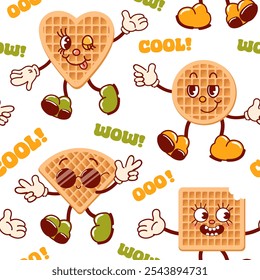 Patrón sin fisuras de waffles vieneses, lindos personajes de dibujos animados retro. Deliciosos dulces. Groovy, vintage. Estilo antiguo de moda. Sonriendo, guiñando un ojo, fresco en gafas de sol, alegre, astuto. Para el menú, café