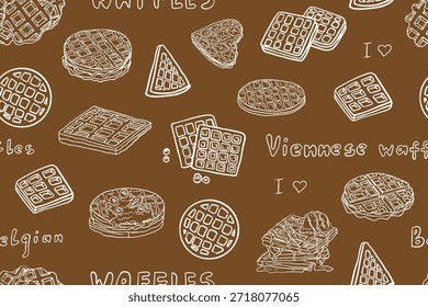 Patrón sin fisuras de waffles vieneses en varias Formas y con diferentes rellenos. Gofres de Viena y belgas. Desayuno. Postre. Dibujado a mano