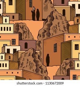 Seamless pattern with a view of the eastern village.  Hand-drawn  vector sketch.
