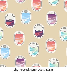 Seamless pattern, view from porthole. Various repeating airplane windows with open and closed curtains. Night, day, sunset and dawn overboard. Airplane wing view.