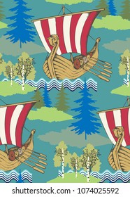 Seamless pattern. Viking drakkar. Vintage vector engraving illustration 