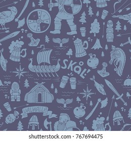 Seamless pattern with viking life symbols. Unique handdrawn vector background.Perfect for fabric,textile.