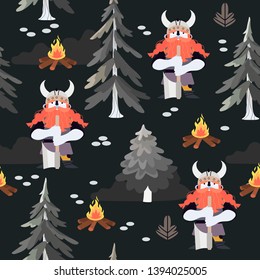 Seamless pattern with a viking in a night forest with an axe on a black background. Vector illustration in a cartoon flat style for wrapping, textile, fabric, wallpaper and other decorations.