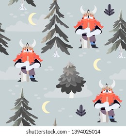 Seamless pattern with a viking in a night forest with an axe on a grey background. Vector illustration in a cartoon flat style for wrapping, textile, fabric, wallpaper and other decorations.