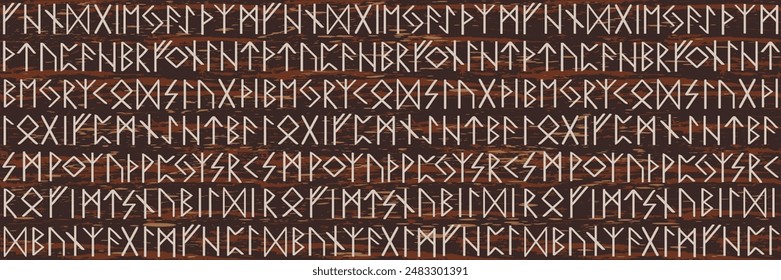 Seamless pattern with viking runic alphabet, the elder futhark. Norse and Germanic ancient magical symbols on the dark background.