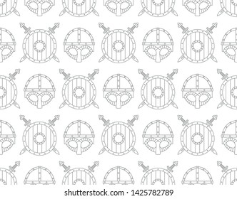 Seamless pattern with viking shields, swords and helmets on white background. Can be used for graphic design, textile design or web design.
