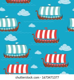 Seamless pattern of Viking ships with blue and red sails in the waves. Vector