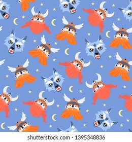 Seamless pattern with viking, Thor god of thunder and fenrir monstrous wolf heads. Vector illustration in a cartoon flat style for wrapping, textile, fabric, wallpaper and other decorations for kids.