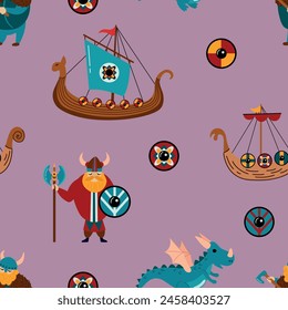 Seamless pattern with Vikings. Design for fabric, textiles, wallpaper, packaging.	