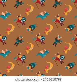 Seamless pattern with Vikings. Dragons and Vikings. Design for fabric, textile, wallpaper, packaging.