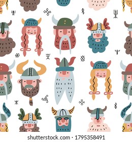 Seamless pattern with vikings faces. Flat scandinavian Vector repeated background of northern woodland. Men and women characters