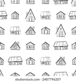 Seamless pattern village. A diverse set of house icons showcasing different architectural styles and structures. Black and white doodle buildings. Outline monochrome