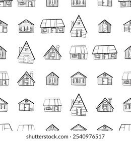 Seamless pattern village. A diverse set of house icons showcasing different architectural styles and structures. Black and white doodle old buildings. Outline monochrome architecture sketch