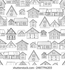 Seamless pattern village. House icons showcasing different architectural styles. Black and white doodle buildings. Outline monochrome