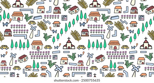 seamless pattern with village houses in doodle style . Design for backgrounds, textile, fabric, print, wallpaper, wrapping