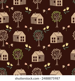 seamless pattern with village houses and trees. Vector design for paper, fabric and other surface.