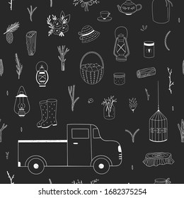 Seamless pattern with village illustrations. Countryside style vector background with rustic elements