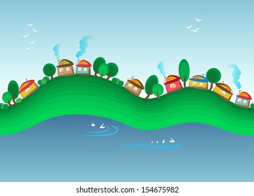 Seamless pattern with village on the banks of the river.