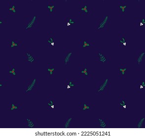 Seamless pattern with village twigs, berries and leaves of holly and mistletoe on a dark blue background. Vector template for New Year and Christmas wrapping paper, print, fabric, textile, wallpaper