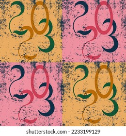 Patrón sin inconvenientes con el número vintage de 2023 sobre fondo rosa. Plantilla de estilo para la portada del calendario. Concepto de año nuevo. Material de marketing, concepto de banner de sitio web, medios sociales. 