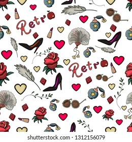 Seamless Pattern of vintage  accessorie. Element's: rose, feather, lipstick, heart, perfume, glasses. Fashion cartoon style 