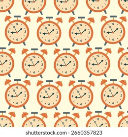 Patrón sin fisuras con relojes de alarma vintage en diseño plano. Perfecto para proyectos de regreso a la escuela y temas educativos. Ilustración vectorial dibujada a mano.