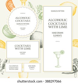 Seamless pattern with vintage alcoholic cocktails sketch with lime. Lime hand drawn drinks background for bar or restaurant menu. Vector template