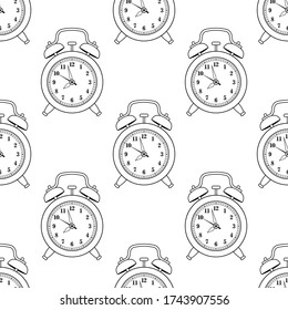 Patrón sin inconvenientes con relojes de alarma analógicos vintage. Ilustración plana del vector