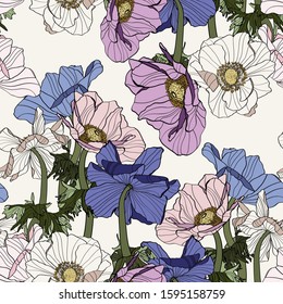 Seamless pattern of vintage Anemone flowers. Floral background.